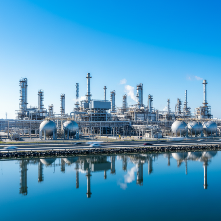 wofür wir stehen Industrielle Anlagen und Raffinerien am Wasser, spiegelnd im ruhigen Gewässer.