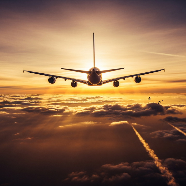 Q24 Aerospace Ein Flugzeug fliegt über Wolken bei Sonnenuntergang, Strahlen durch die Atmosphäre.